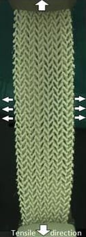 A green knitted scarf with arrows pointing to the bottom.